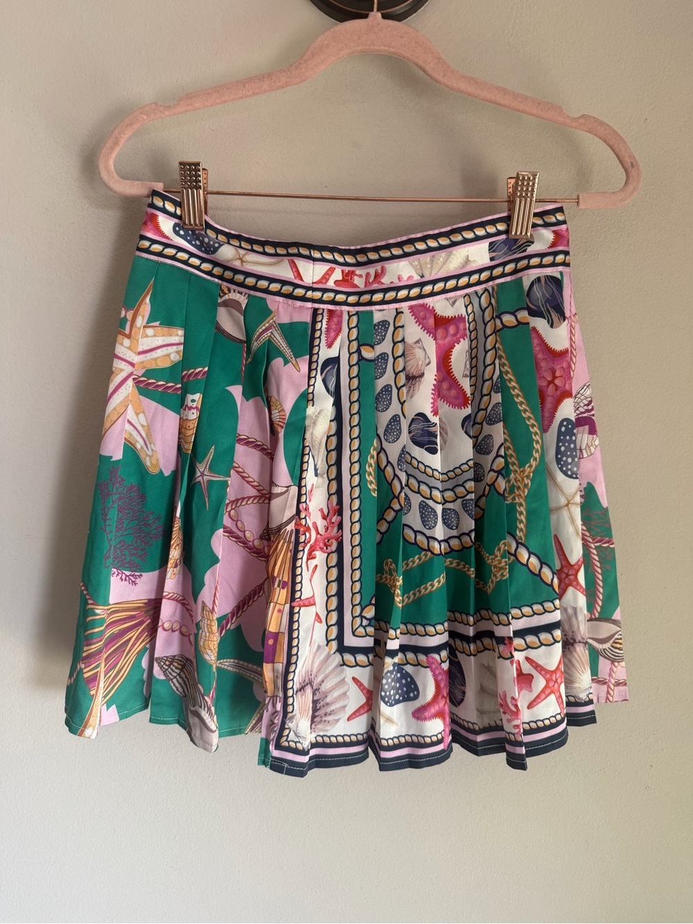 Her Bottari Scarf Print Pleated Mini Skirt Green Pink Ocean Seashell Starfish S